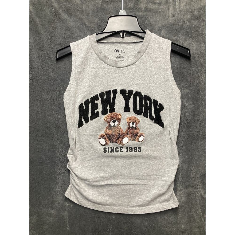 Y2K New York Spell Out Ruched Tank Top Sz M Teddy Bear Graphic Varsity Coquette